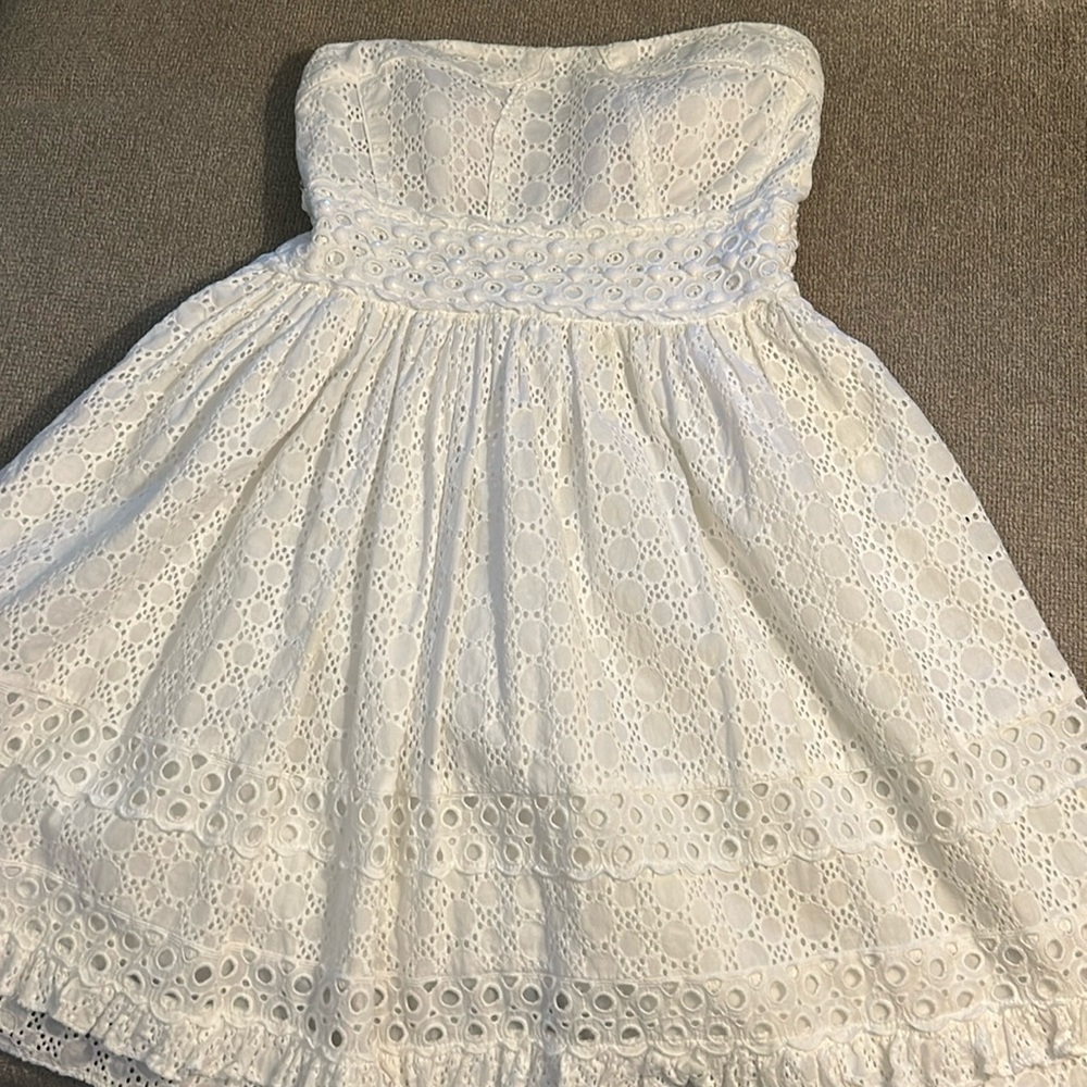 XOXO White Eyelet Strapless Mini Dress Ruffles  Beads SZ 11/12